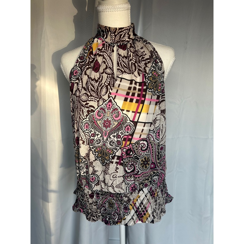 Halter Top Paisley Plaid Smocked Hem, artisan, eclectic BoHo,festival. S
A97.
